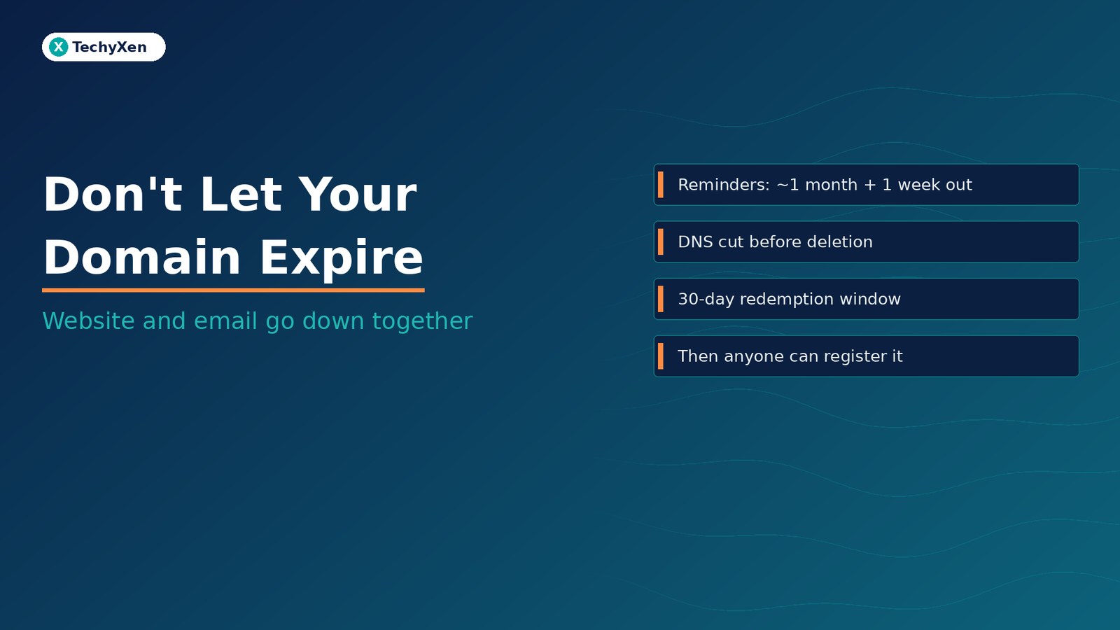 Dark navy TechyXen hero with text Don't Let Your Domain Expire and subtitle Website and email go down together