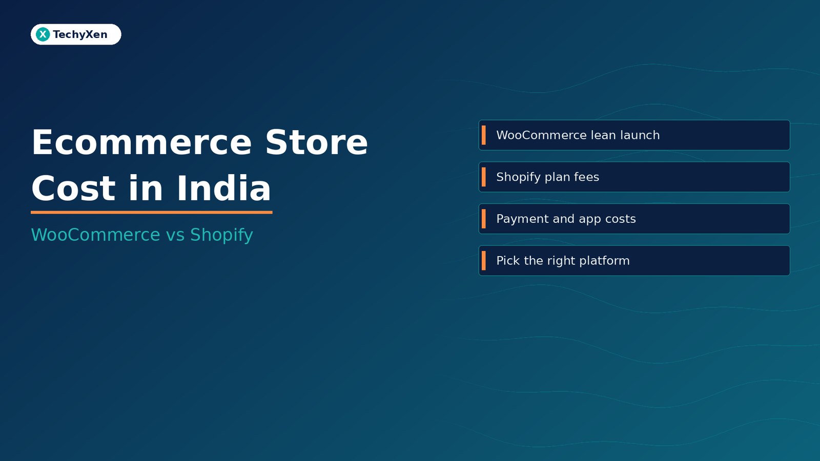 Dark navy TechyXen hero with text Ecommerce Store Cost in India and subtitle WooCommerce vs Shopify.
