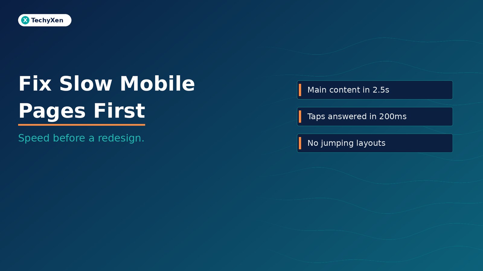 Dark navy TechyXen hero with text Fix Slow Mobile Pages First and subtitle Speed before a redesign.