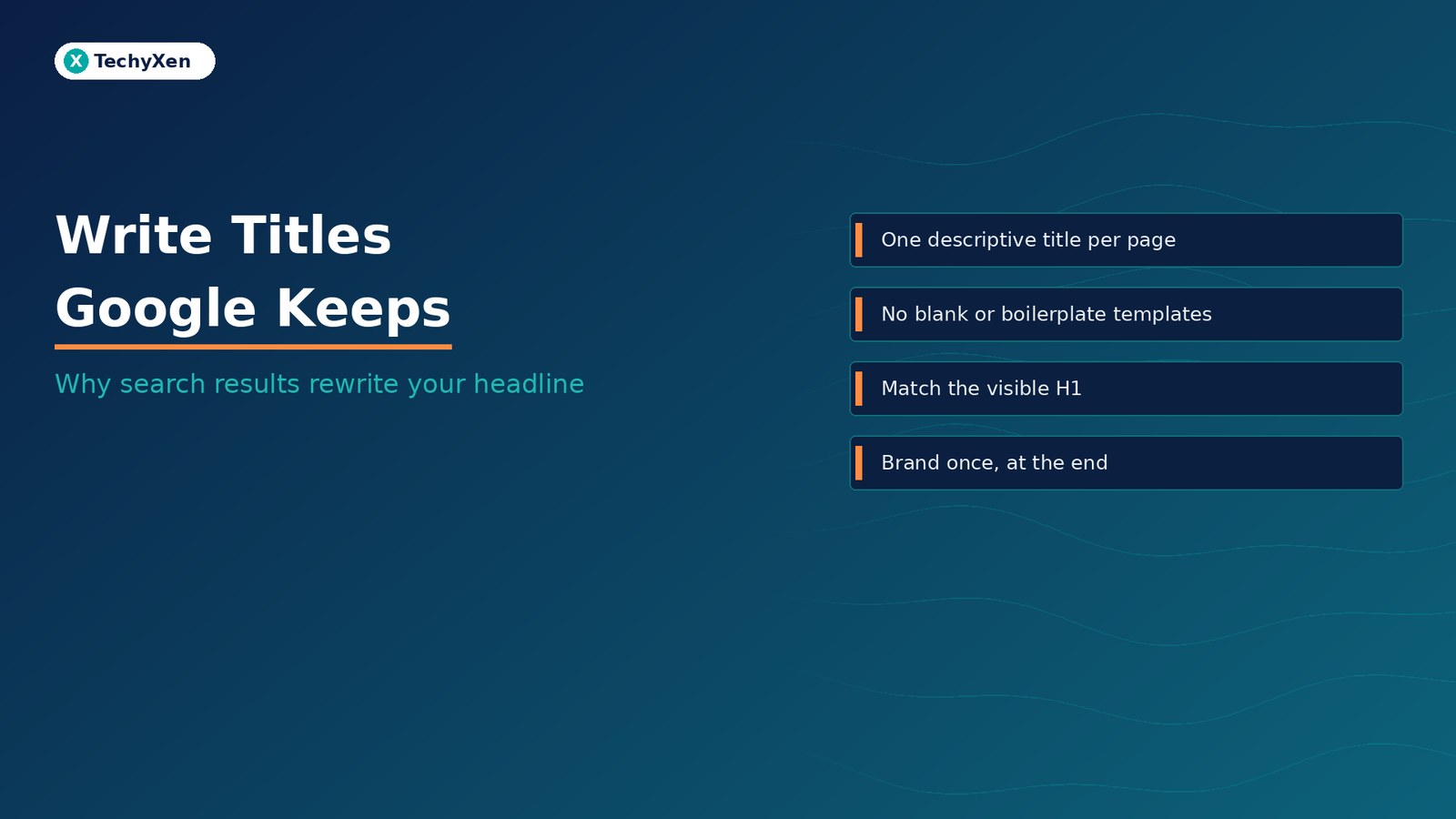 Dark navy TechyXen hero with text Write Titles Google Keeps and subtitle Why search results rewrite your headline.