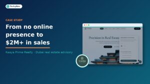 Dark navy TechyXen case study hero with text From no online presence to $2M+ in sales, Kaaya Prime Realty website and logo.