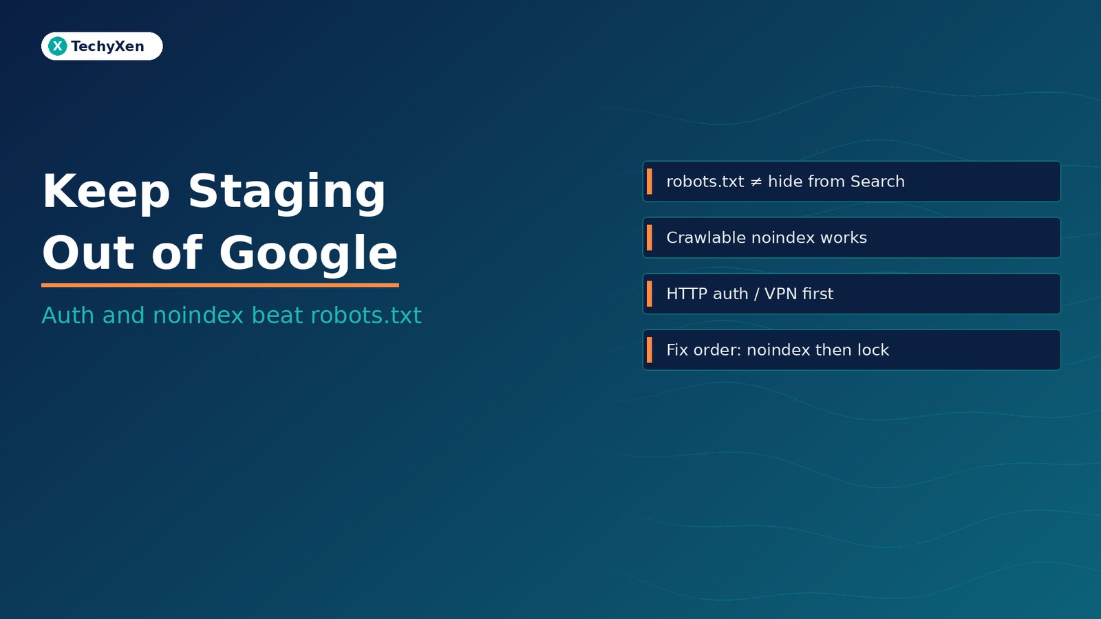 Dark navy TechyXen hero with text Keep Staging Out of Google and subtitle Auth and noindex beat robots.txt.