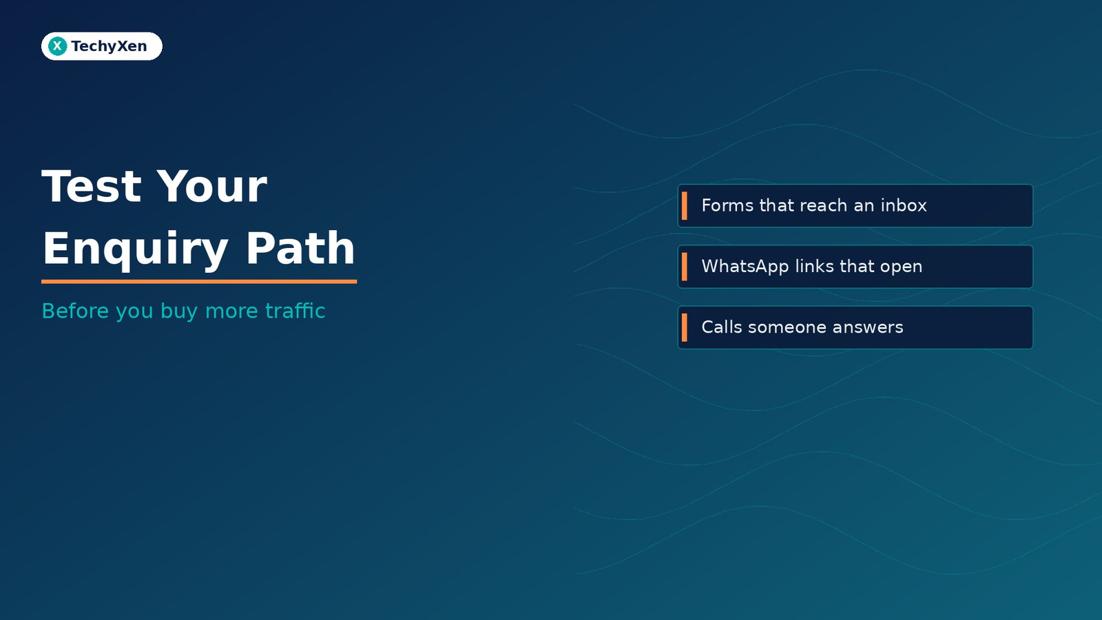 Dark navy TechyXen hero with text Test Your Enquiry Path and subtitle Before you buy more traffic