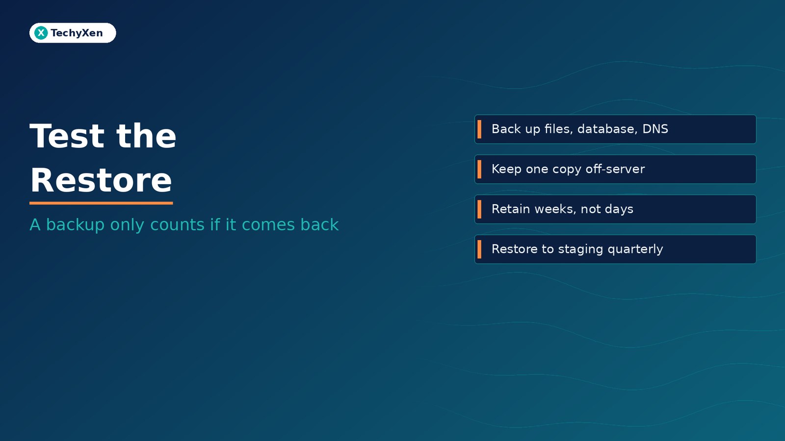 Dark navy TechyXen hero with text Test the Restore and subtitle A backup only counts if it comes back.